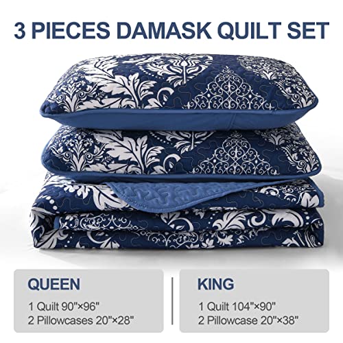Navy Quilt Set King Size, Boho Damask Bedspread Coverlet Set Soft Lightweight Luxury Classical Bedding Set 3 Pieces For All Season (104"X90") #TOP5