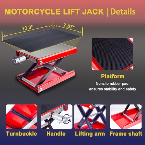 Image of Motorcycle Lift Scissor Jack, Motorbike Jack with 1100lb Capacity Wide Deck Motorcycle Center Stand, Steel Scissor Jack for Street Bikes, Cruiser Bikes, Touring Motorcycles, Red
