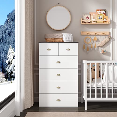 Anjiaqianmo 6-Drawer Dresser, Wood Storage Dresser Cabinet With 2-Top Chest Of Drawers, White & Dark Gray #TOP3