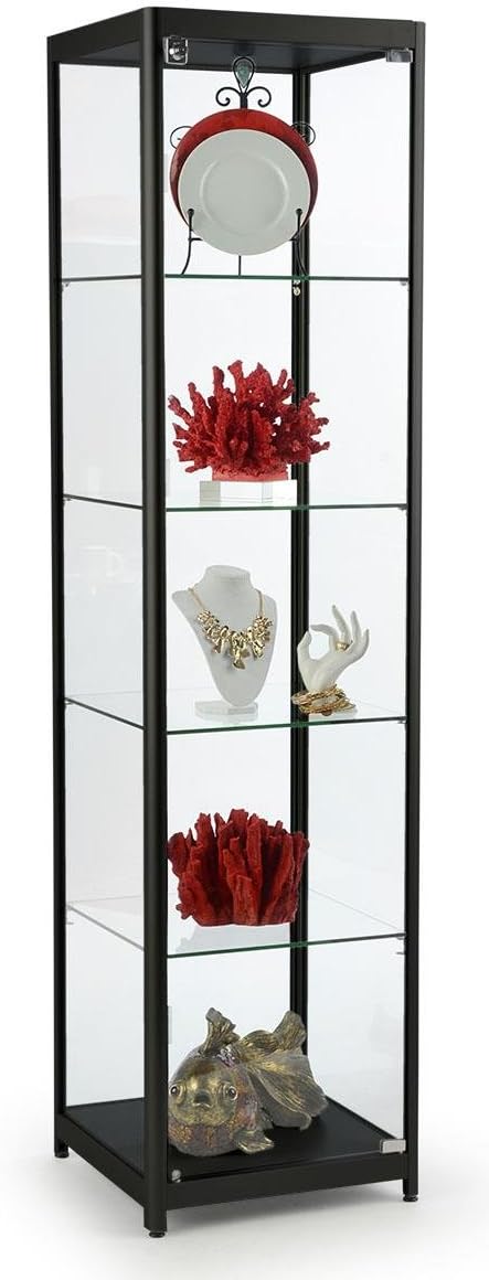 Displays2go Glass Tower Showcase, Adjustable Shelves (4), Locking Door, Black (SCTWRCBBK)