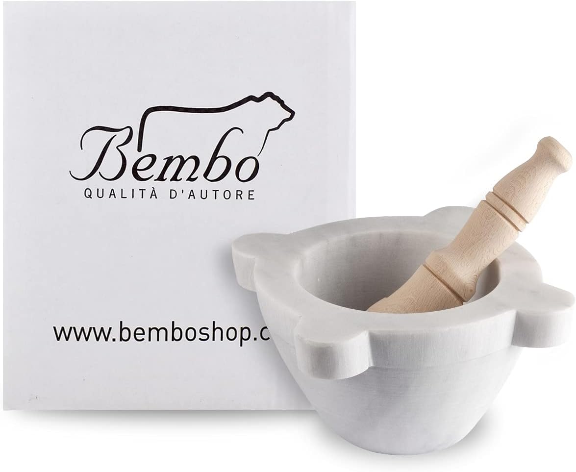 Bembo Mortar in White Carrara Marble with Pestle Made in Italy - for Pesto or Spices - Genovese Model (ø 20 cm)