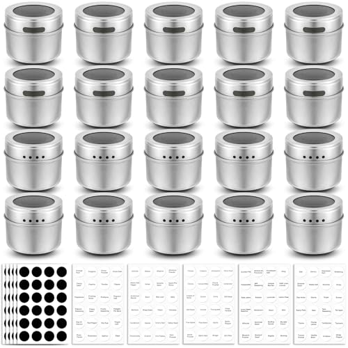 Image of Bekith 20 Pack Magnetic Spice Jars, Magnetic Spice Containers for Refrigerator, Seasoning Tins with Clear Top Lid, 240 PVC Spice Label Set