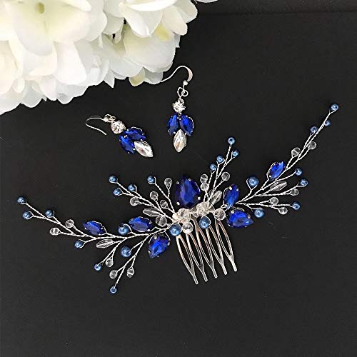 Aimimier Bridal Royal Blue Crystal Hair Comb And Earrings Sapphire Blue Pearl Hair Piece Set Prom Party Festival Wedding Hair Accessories For Women And Girls #TOP2