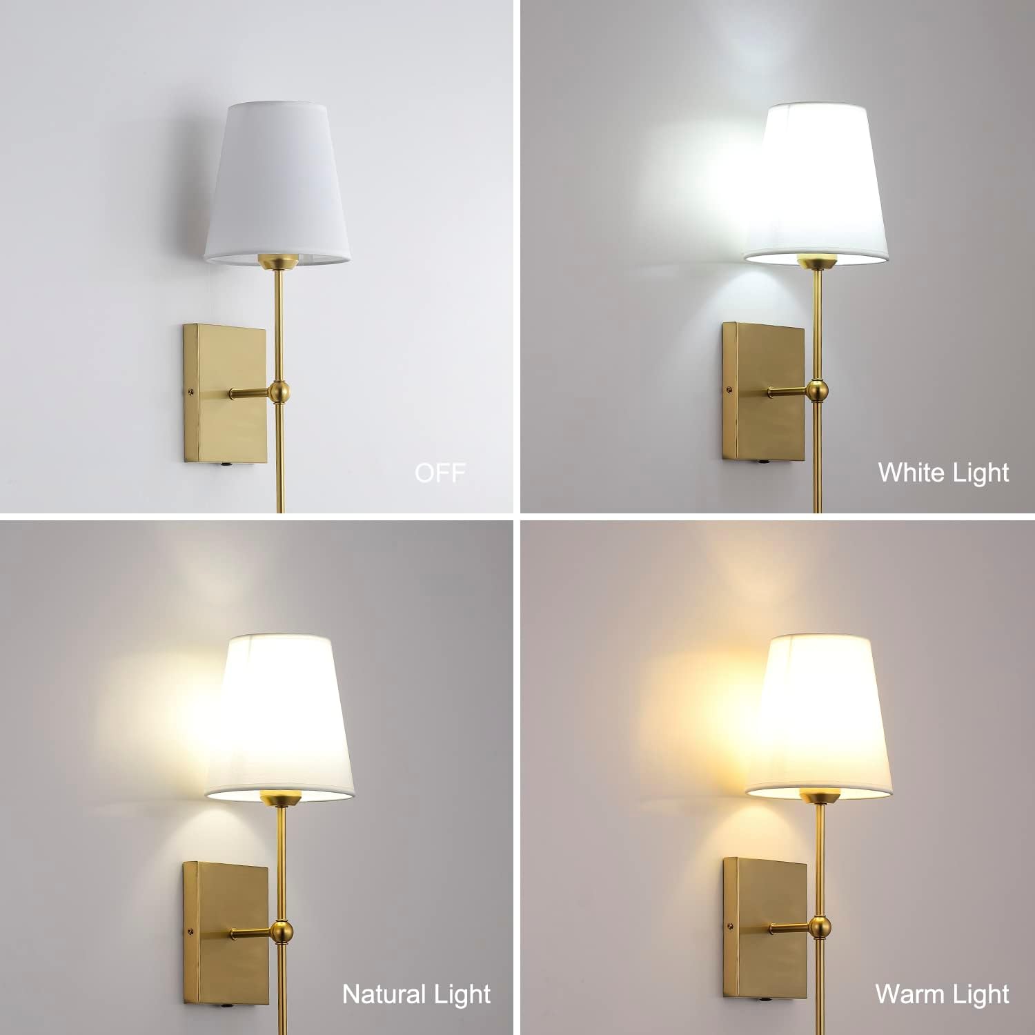 GLADFRESIT Set of 2 Slim Wall Sconces with White Fabric Shade, Gold Bronze Base Indoor Wall Light Fixtures for Bedroom Bedside Bathroom Vanity Light Living Room