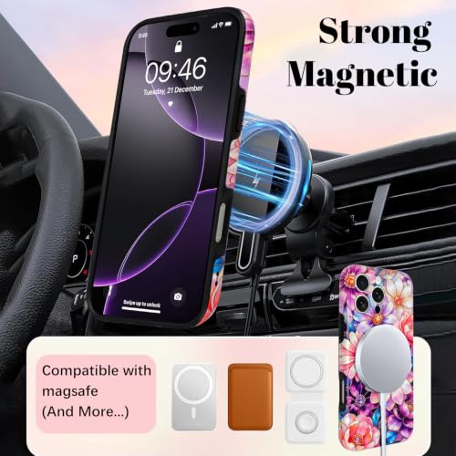 Image of Magnetic for iPhone 16 Pro Case for Women Girl, Colorful Floral | Stylish Flower Pattern Design [Compatible with MagSafe] [Full Camera Protection] 2-Layer Hybrid Shockproof Glossy Phone Case