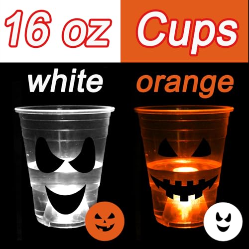 Ahuimeius 22 Pc Glow Pumpkin Party Game Set, 16 oz Light Up Pong Cups for Ghost Theme Party With 6 Halloween Balls, Orange & White