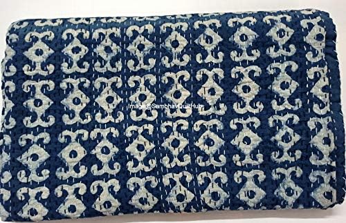 Blue Indigo Solid Print Handmade Quilted Indiho Kantha Handblock Home Decor Quilt Bedspread Boho Bedding Queen Size/King Size Bed Cover Kantha Quilt