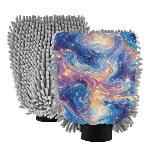 IOACIY Absorbent Microfiber Car Wash Drying Mitts, 2 Pack, Scratch-Free & Lint-Free, Rich Foam, Highly Absorbent, Double Sided, Wash Mitt Perfect for Car Washing, M, Starry Sky Universe (11)