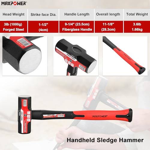 Image of MAXPOWER 5-Piece Hammer Set - 3LB Sledge & Cross Peen, 500g Chipping, 32oz Ball Peen & 24oz Rubber Mallet