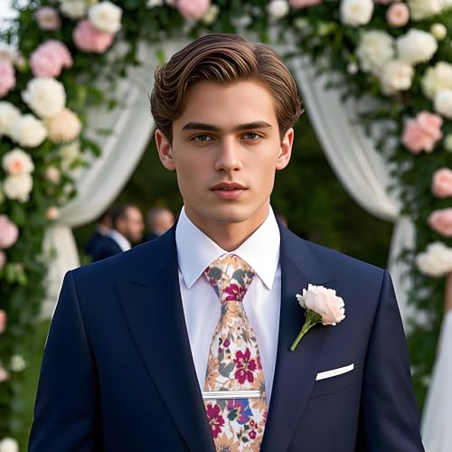 Image of YourTies Cotton Floral Tie for Men 2.5 inch Printed Skinny Necktie Pocket Square Tie Clip Set Flower Wedding Party Groom