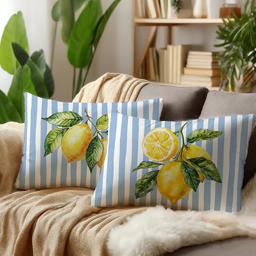 Image of Blue and Yellow Summer Italian Mediterranean Amalfi Coast Lemon Pillow Cover Decor 12x20,Italian Striped Decorative Throw Pillow Cover Decor for Couch Set of 2 Double-Sided