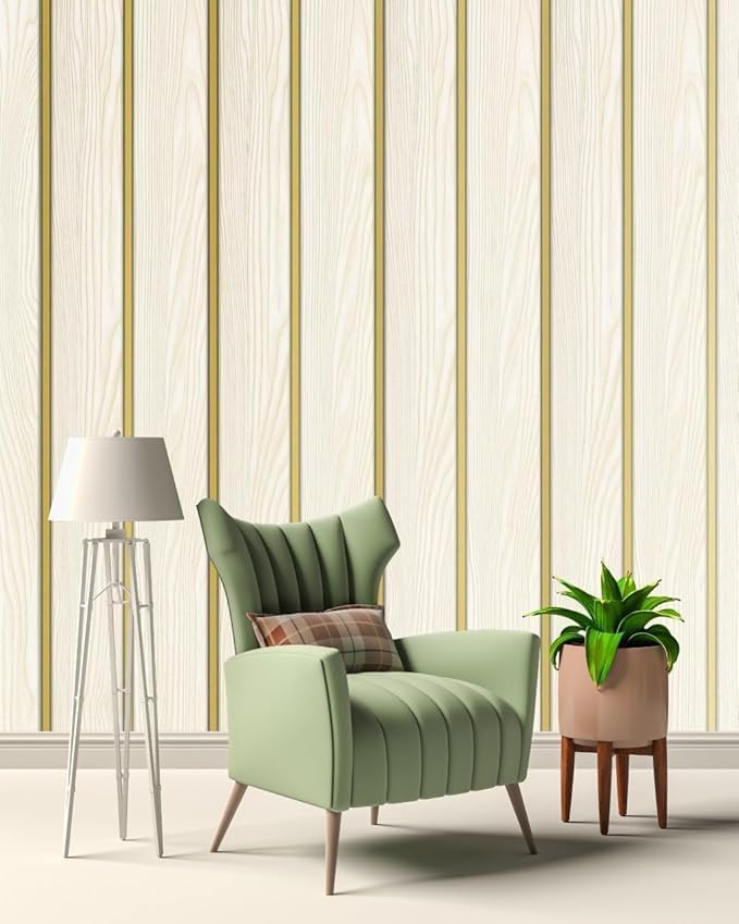 Image of Wallpaper for Walls | Vertical Wood Wall Stickers for Wall Decor | Self Adhersive Wall Paper for Home Kitchen Living Room and Bedroom | 45 Cm X 500 CM (3, Premium Golden Strip Wooden)