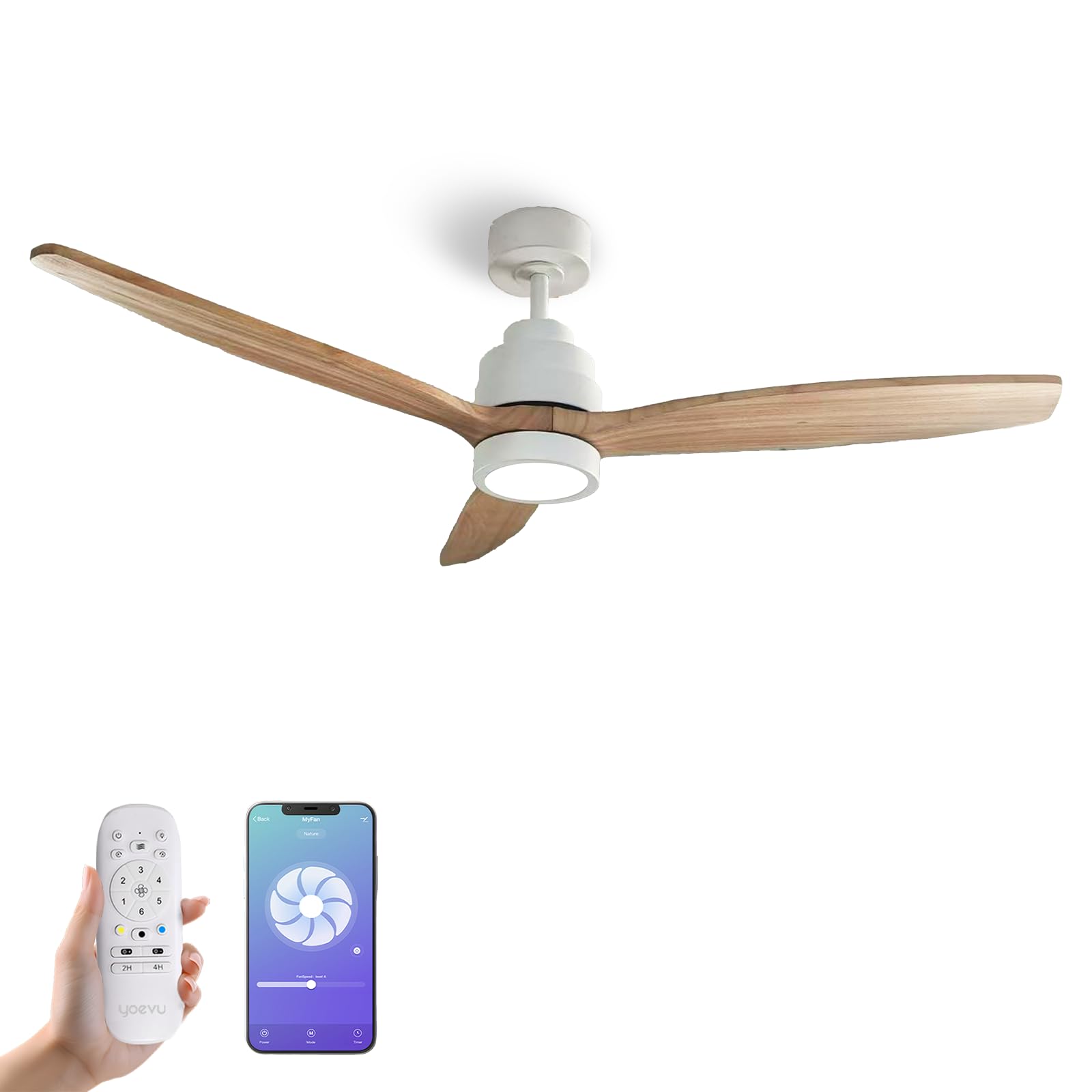 YOEVU HELIX - Ventilador de Techo con luz WIFI Alexa App y mando | 50 W | 6 Velocidades | Ultra silencioso | 3 Aspas 132 Diámetro | Temporizador | Luz LED regulable | madera clara [Clase energética A]