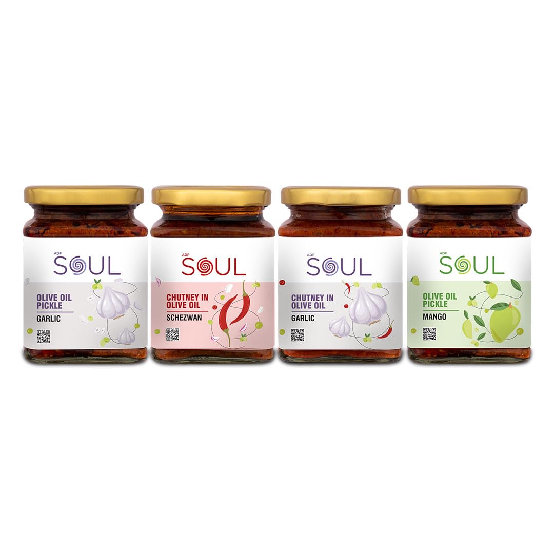 Soul Pickle In Olive Oil Combo Pack Of 4 (Garlic 275 GM+ Schezwan Sauce 265 GM + Garlic Chutney 275 GM + Mango 265 GM)