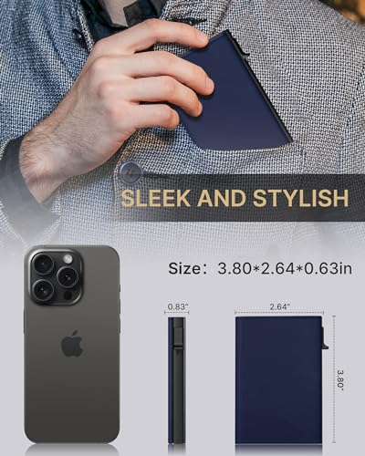 Image of typecase Mens Wallet Card Holder: Pop Up Aluminum Case, Premium Genuine Leather, Smart, RFID Blocking, Slim, Minimalist, Front Pocket - 9-14 Card Capacity | ID Window | Cash Slot (Navy)