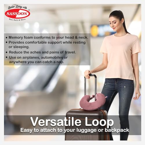 Image of Sassoon Memory Foam Travel Neck Pillow (Pink, Pack of 1) - Ergonomic Support, Soft Breathable Washable Cover, Lightweight with Carry Loop for Travel & Home