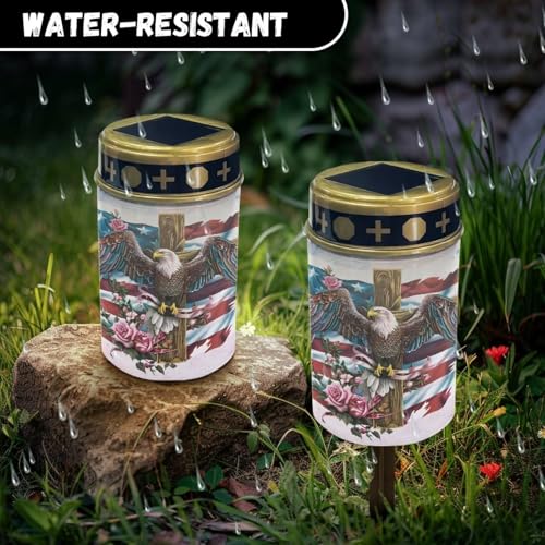 Image of Cemetery Lights for Grave,Eagle American Flag Waterproof Outdoor Solar Powered Flameless Cemetery Solar Lights Dustproof and Easy to Install