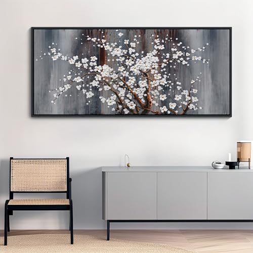 Image of AJAZIKO Large Plum Blossom Canvas Wall Art, Brown Wall Decor, Living Room Cherry Blossom Bedroom Pictures, Framed Artwork, Modern Canvas Paintings, 31x70