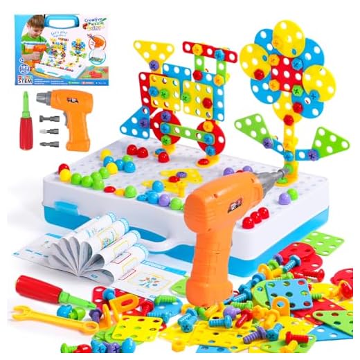 Juguetes Niños 4 Años -Herramientas Juguete Manualidades Niños 3 4 5 6 Años con Taladro Eléctrico Mosaicos Juegos Educativos Niños 3 4 Años Regalos Juegos de Mesa, 193 Pcs