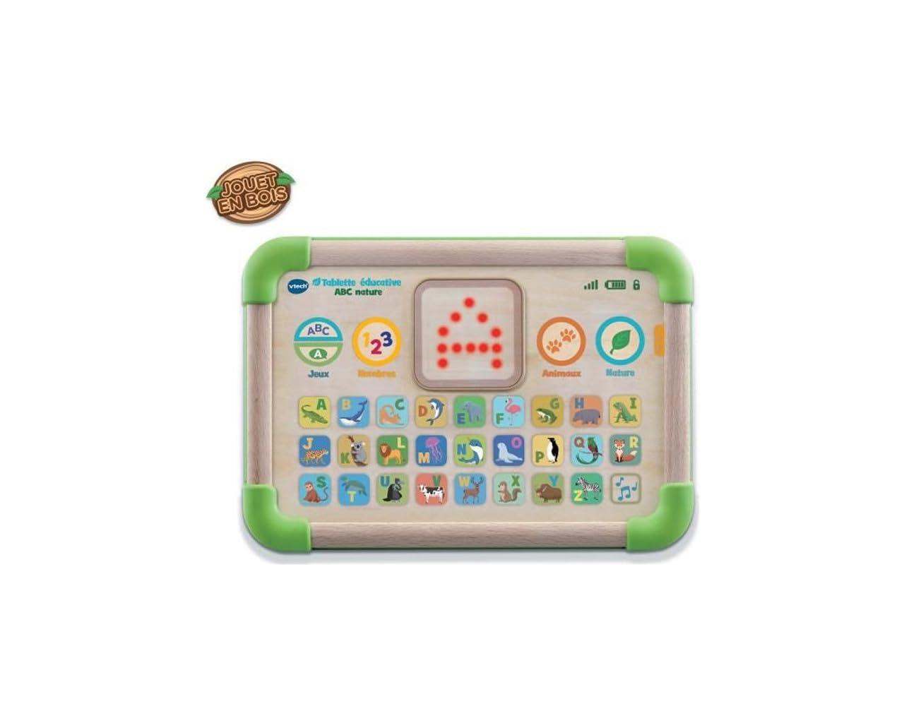VTech - ABC Nature Tablet edukacyjny, interaktywny i sensoryczny tablet dla dzieci, częściowo wykonany z drewna, alfabet zwierzęcy, prezent dla dziewczynki i chłopca od 1 roku życia - Zawartość w