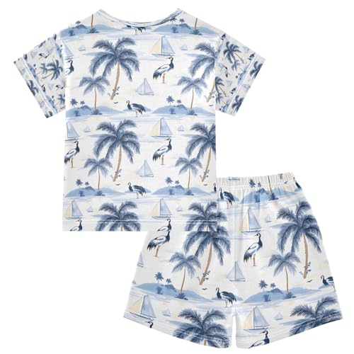 senya Blue Palm Tree Sailboat Crane Summer Pajamas Set Short Cotton Sleepwear 2 Piece2