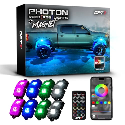 OPT7 Photon RGB LED Magnetic Rock Lights w/Bluetooth APP & Remote - 8 Pods Aluminum Frame Wide Angle Underglow Kit IP68 Waterproof for Offroad Jeep SUV ATV UTV - Truck Decorations Mothers Day Gifts