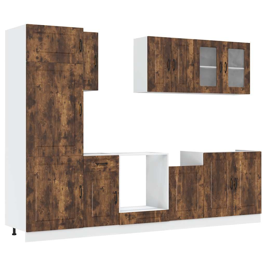 8-teilige Küchenzeile Kalmar Räuchereiche Holzwerkstoff | Stauraumlösung für Ihre Küche mit verstellbaren Füßen und vielseitig kombinierbaren Elementen.