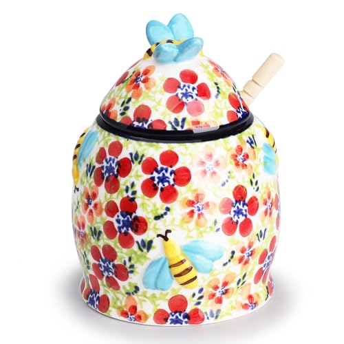 Silesia Handmade Honey Jar with Lid, 10 Ounce Ceramic Hand-Painted Honey Containers with Wooden Dipper, Honey Pot Set for Home and Kitchen in Gift Box, Oven, Dishwasher & Microwave Safe, Jungle Floral