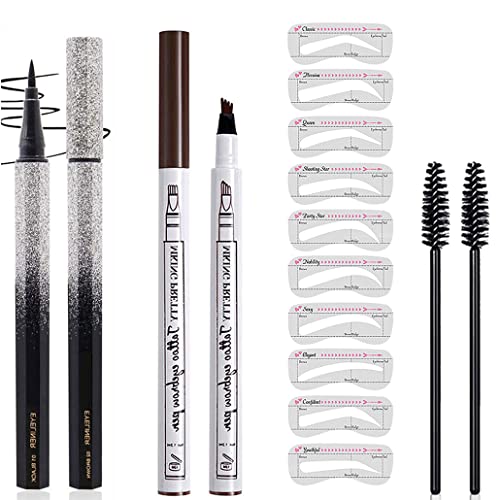 Eyebrow Tattoo Pencil, Eyeliner Pencil with Eyebrow Powder Long Lasting Waterproof and Smudgeproof with 10 Reusable Eyebrow Stencil 3tyles (Dark Brown)