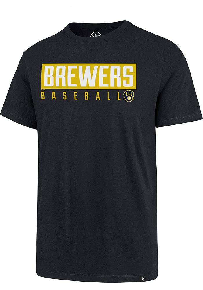 '47MLB Men's Dub Major Super Rival Team Color Primary Logo Word Mark T-Shirt (Milwaukee Brewers Navy, Medium)