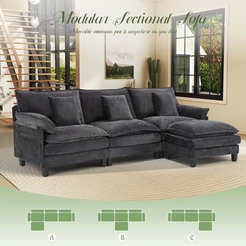 Image of Comfy Chenille Cloud Couch, Modular Sectional Sofa with Movable Ottoman, Deep Seat Couches for Living Room, Bedroom and Apartment, 106 inch L Shaped Modern Sofa with Pillows, Black