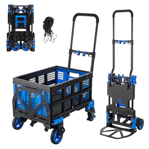 Hitgrand Folding Hand Truck, Heavy Duty Hand Truck Dolly Cart, Convertible Dolly Cart 330lbs Capacity W/Foldable Basket, 2 in 1 Luggage Trolley Cart for Warehouse Home Outdoor Moving