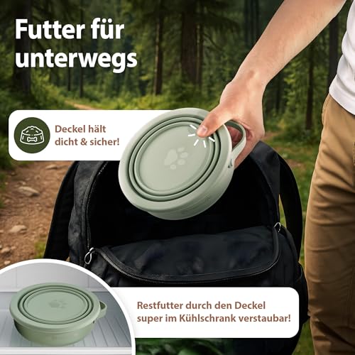 mea:hana Pets Futternapf für unterwegs 900ml mit Deckel -Ideal für Reisen,Outdoor- Edelstahl Futternapf mit faltbarem Silikondeckel als Zweitnapf, Hundezubehör - robust, kompakt, hygienisch
