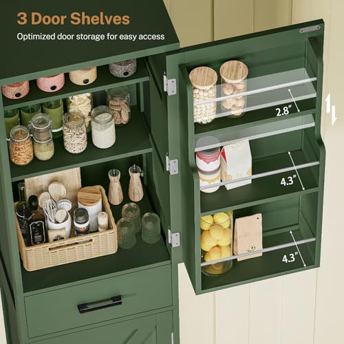 Image of TEENFON Kitchen Pantry Cabinet with 3 Door Shelves & 1 Drawer, Narrow Bathroom Cabinet with Adjustable Shelves, Tall Storage Cabinet for Living Room, Bathroom, Entryway, Green
