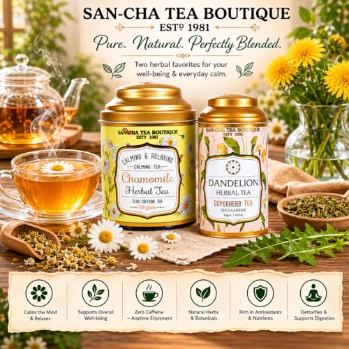 Image of Sancha Tea Boutique, Combo Pack: Chamomile (50g) & Dandelion (50g), Caffeine-Free Herbal Tisanes, Calming Floral & Roasted Infusions