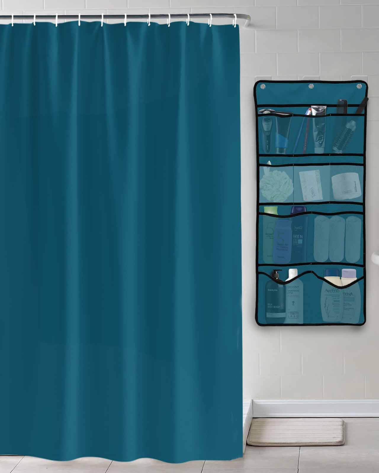 Shower Curtain Mesh Shower Organizer Hanging Set Solid Dark Teal Waterproof Shower Curtains with 10 Pockets Quick Dry