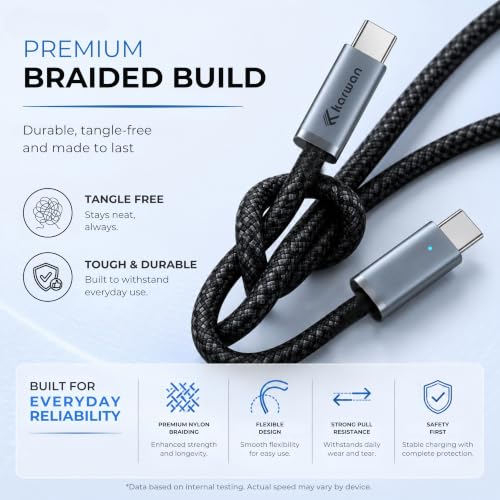 Image of KARWAN 100W Type C to Type C Charging Cable,2M Nylon Braided Tangle free PD-3.1 Ultra Fast Charging & Data Sync Cord with E-Marker Chip for Laptops,iPad,Macbook,Tablet,iPhone,Android Smartphone & More