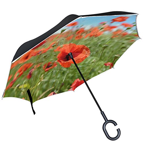 Preisvergleich Produktbild ALAZA Field of Poppies seitenverkehrt Regenschirm Double Layer Winddichte Rückseite Faltbarer Regenschirm für Auto mit C-förmigem Henkel