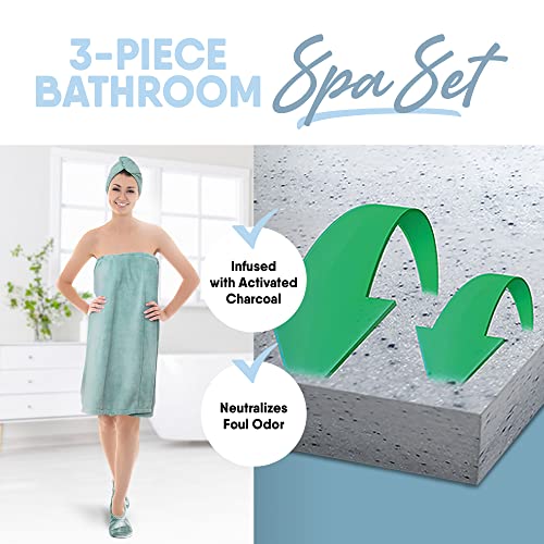 Microdry 3-Piece Bathroom Spa Set, Includes Quick Drying Plush Microfiber Hair Towel Wrap, Body Wrap, And Cushioned Softlux Memory Foam Footies House Slippers, Aqua #TOP1