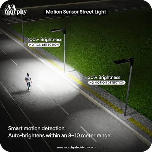Image of Murphy 30W Solar Street Light | Light Output Equivalent to 6W LED | 48 SMD LEDs | 5Ah Battery | Dusk to Dawn Auto On /Off | Motion Sensor | IP65 Waterproof | Cool White | ABS Body | 1 Year Warranty