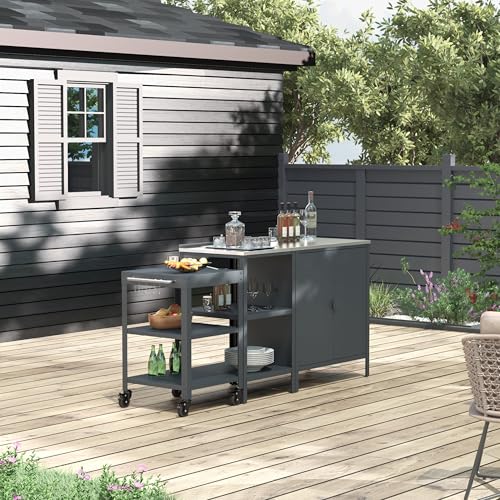 casa.pro Conjunto de Armario Exterior Bolognano con Estantería y Carro de Servicio de Diseño Uniforme para Terraza Jardín Barbacoa Muebles de Cocina Exterior Acero - Gris Oscuro Mate