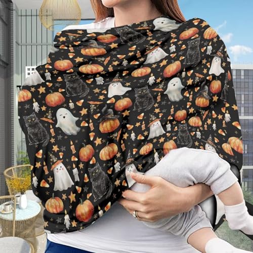 Image of Wanyint Infant Car Seat Cover Stretchy Nursing Scarf Car Seat Canopy Shopping Cart High Chair Cover Protect Babies Breastfeeding Mothers Halloween Decor, Witch Hat Ghost Black Cat Pumpkin