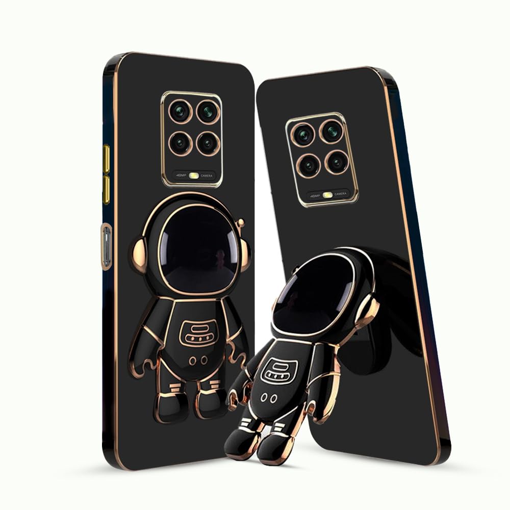 KARWAN®️ 3D Astronaut with Folding Stand Back Cover Case Compatible for Redmi MI Note 9 Pro Max | Slim electroplated case | Stand case | Soft TPU | Space Astro Theme | Camera Protection-Black.