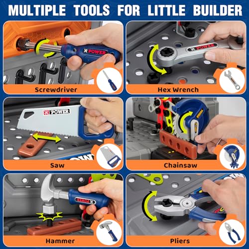 TooyBing Kids Tool Bench Set with Electric Drill and Realistic Tools, Construction Workbench Playset Toy for Toddler 3-5, Easy Set up, Kids Boy Toys, Birthday Gifts for Boys Age 2 3 4 5 Year Old