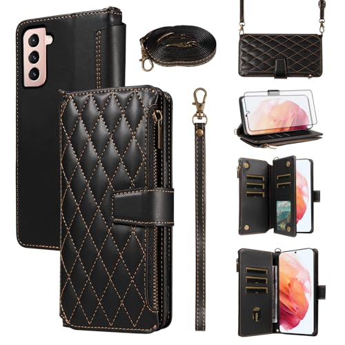 Coque antichoc Samsung S21 5G avec vitre verre trempé et étui portefeuille carte Asuwish