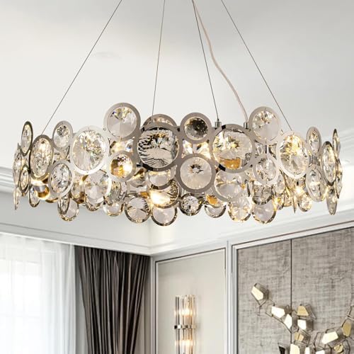 Opal Unique Elegance Crystal Chandelier Luxury Round Crystal Modern Stainless Steel Chrome Pendant Ceiling Lights Fixture for Dinning Room Living Room Kitchen Island Over Table D30