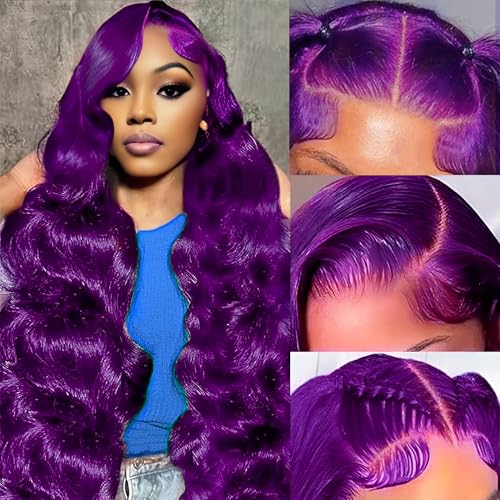 30 Inch Purple Lace Front Wig Human Hair Body Wave Purple Wig Human Hair 200% Density Human Hair Wig Pre Plucked 13x4 Lace Front Wigs Human Hair