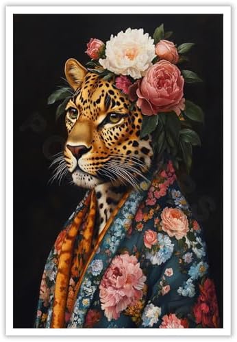 Eclectic Maximalist Floral Vintage Lioness Art Print - Bold Luxur...