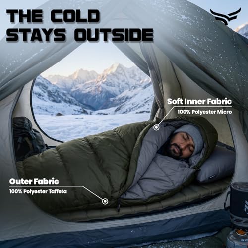 Image of Montaray by Xtrim Horizon 280 Sleeping Bag with Hood & Pillow, 280 GSM Polyester, Waterproof Camping Convertible Duvet, for Temp 12C to -3C
