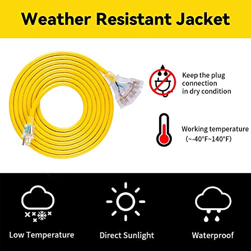 Ep 50 Ft Lighted Outdoor Extension Cord With 3 Electrical Power Outlets - 14/3 Sjtw Heavy Duty Yellow Extension Cable With 3 Prong Grounded Plug - Power Cord For Lawn, Garden, Appliances #TOP3